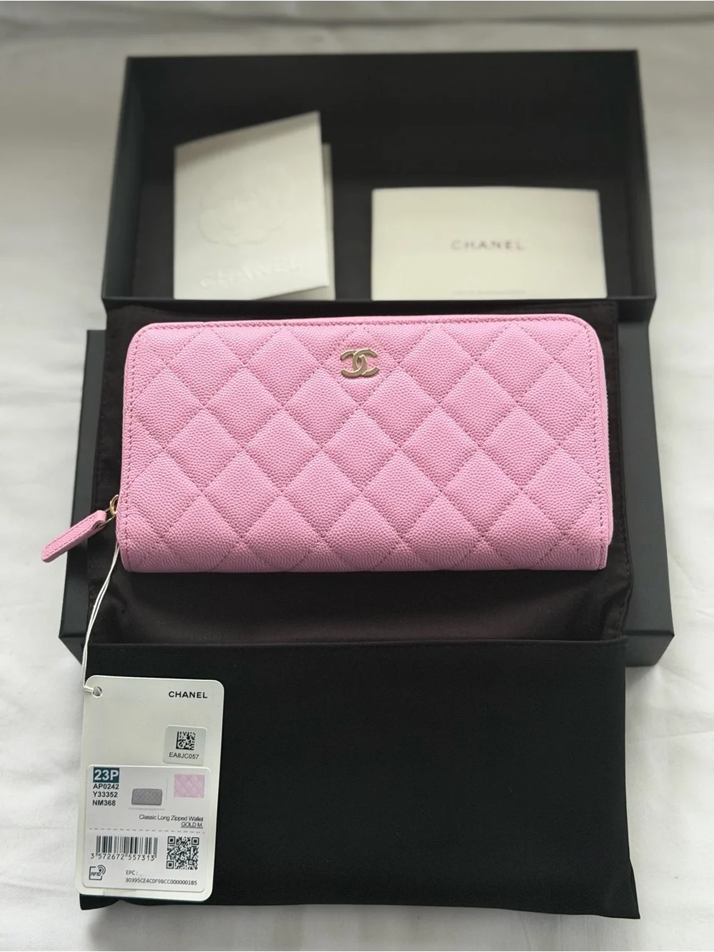 CHANEL Pink Quilted Caviar Long Zip-Wallet with Gold CC